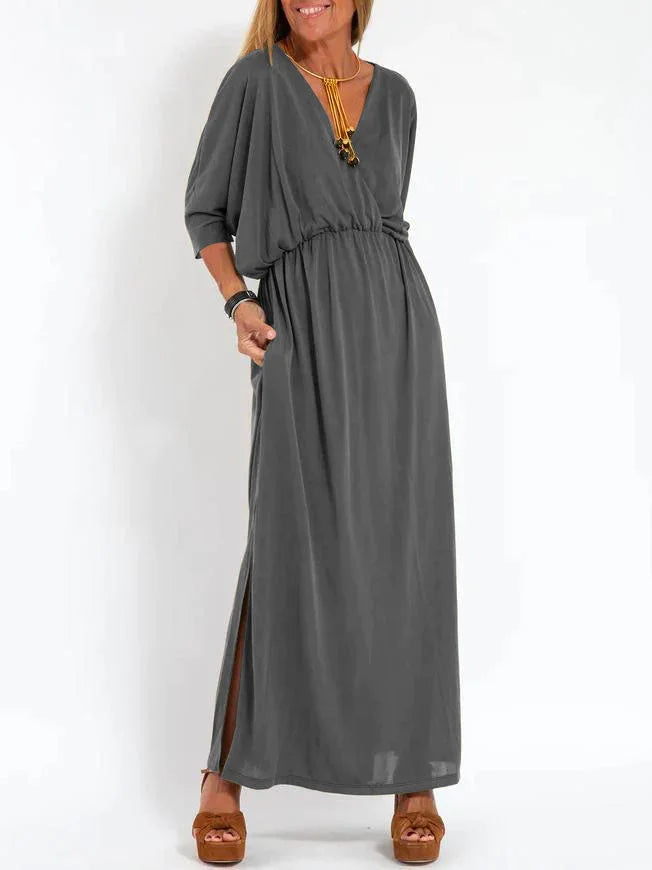 Women's Casual Solid Color V-Neck Slit Dress 