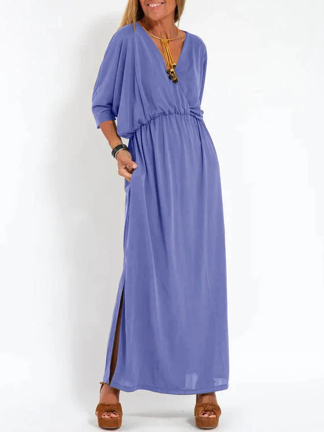 Women's Casual Solid Color V-Neck Slit Dress 