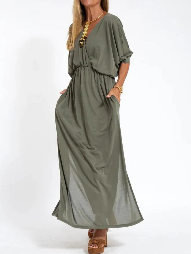 Women's Casual Solid Color V-Neck Slit Dress 